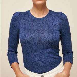 Whistles Ocelot Print Puff Sleeve Blue & Black Top Size Small / 4